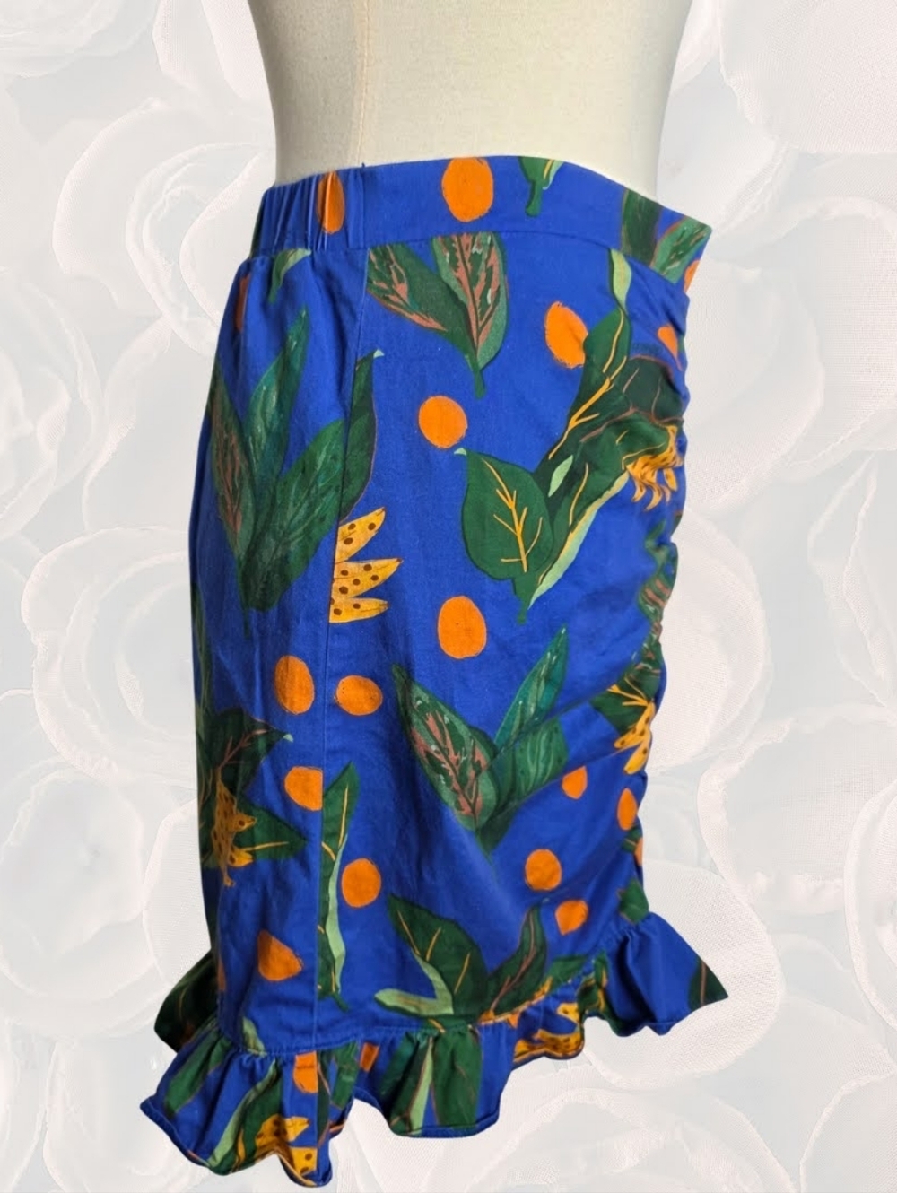 FARM Rio for Anthropologie Citrus Tropical Ruched Mini Skirt Blue Orange M - Picture 3 of 10
